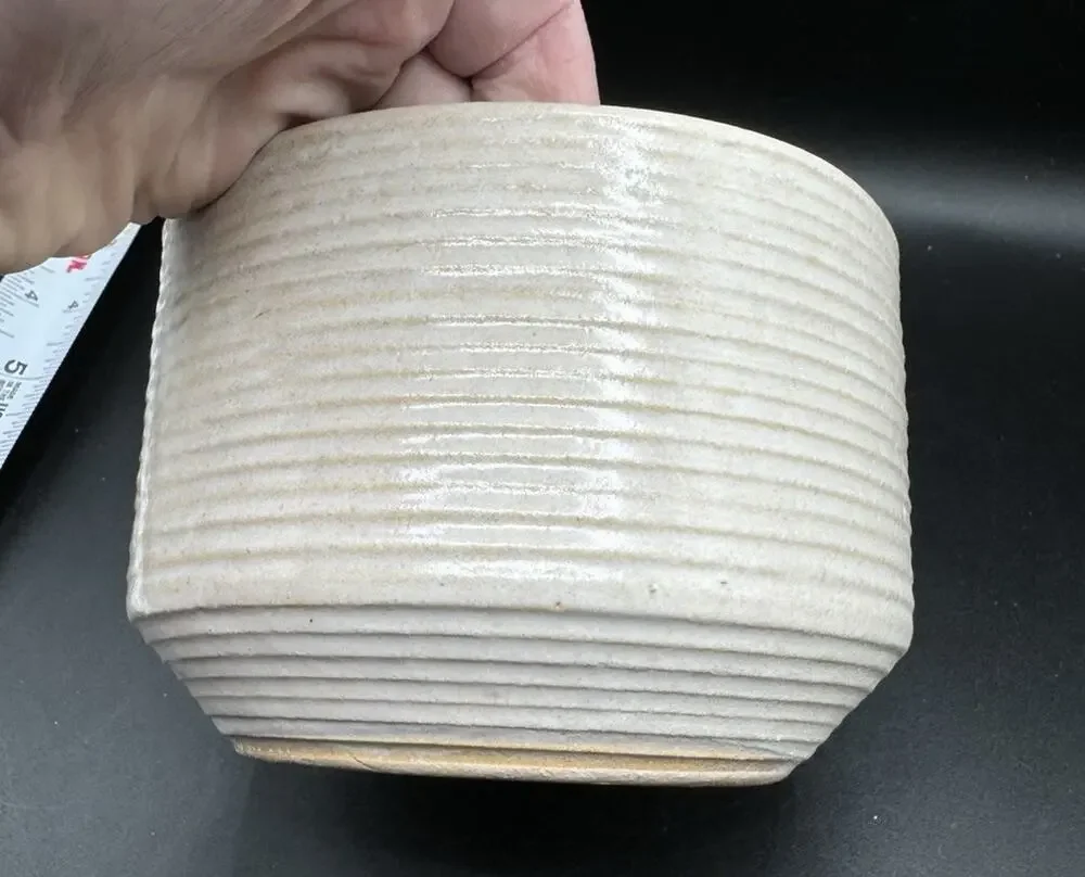 Vintage Tan ZANESVILLE Stoneware Homespun Ribbed POTTERY BOWL Planter #7005 -A95